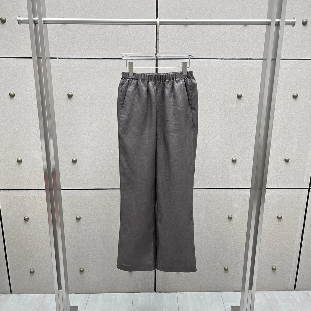 100% Linen Women Flared Pants Elastic High Waist Loose Trousers Casual Summer Breathable Straight Leg Pants With Side Pockets