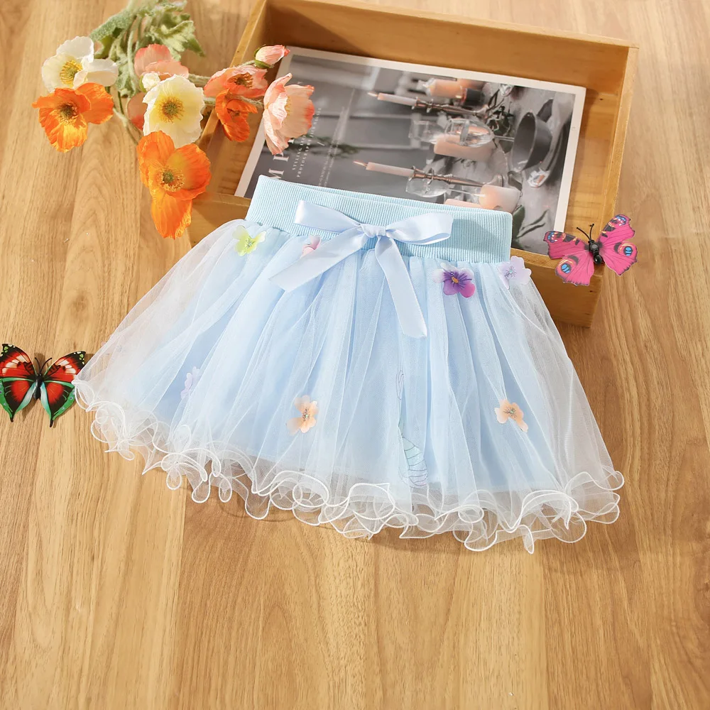 Costume for Baby Summer Bow And Floral Pattern Solid Color Multi-Layer Design Fluffy Gauze Tutu Skirt Cute Simple Girl Clothes