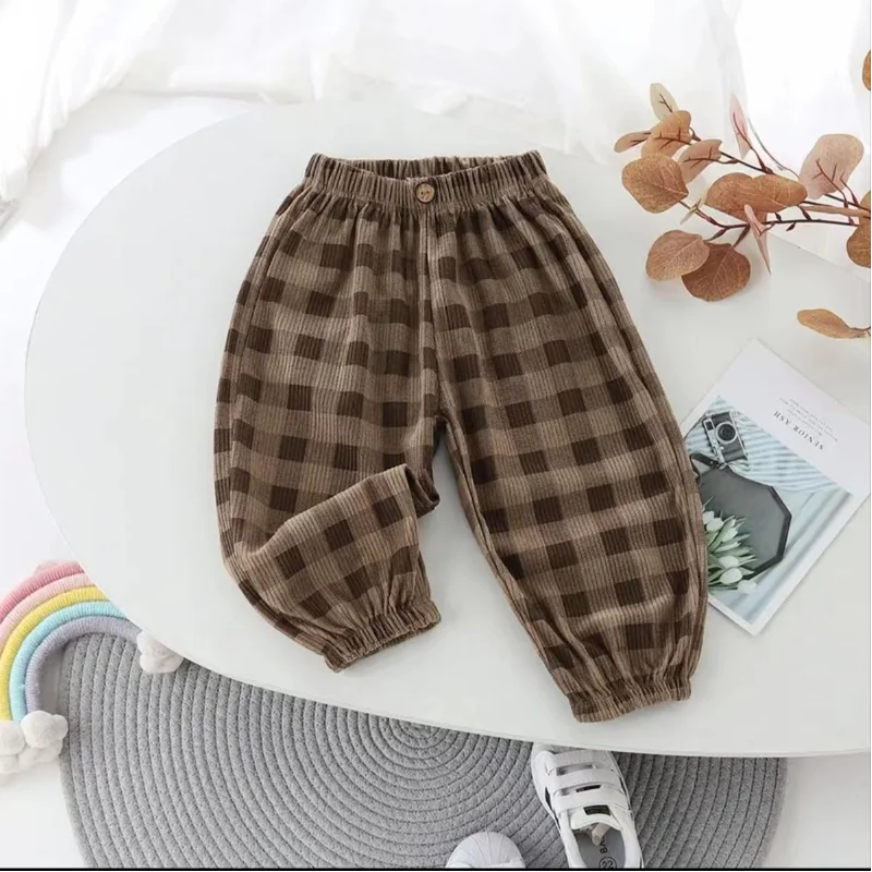 

Children's Clothing Fashion Preppy Style Spring and Autumn New Spliced Buttons Simplicity Plaid Print Versatile Mid Waist Pants