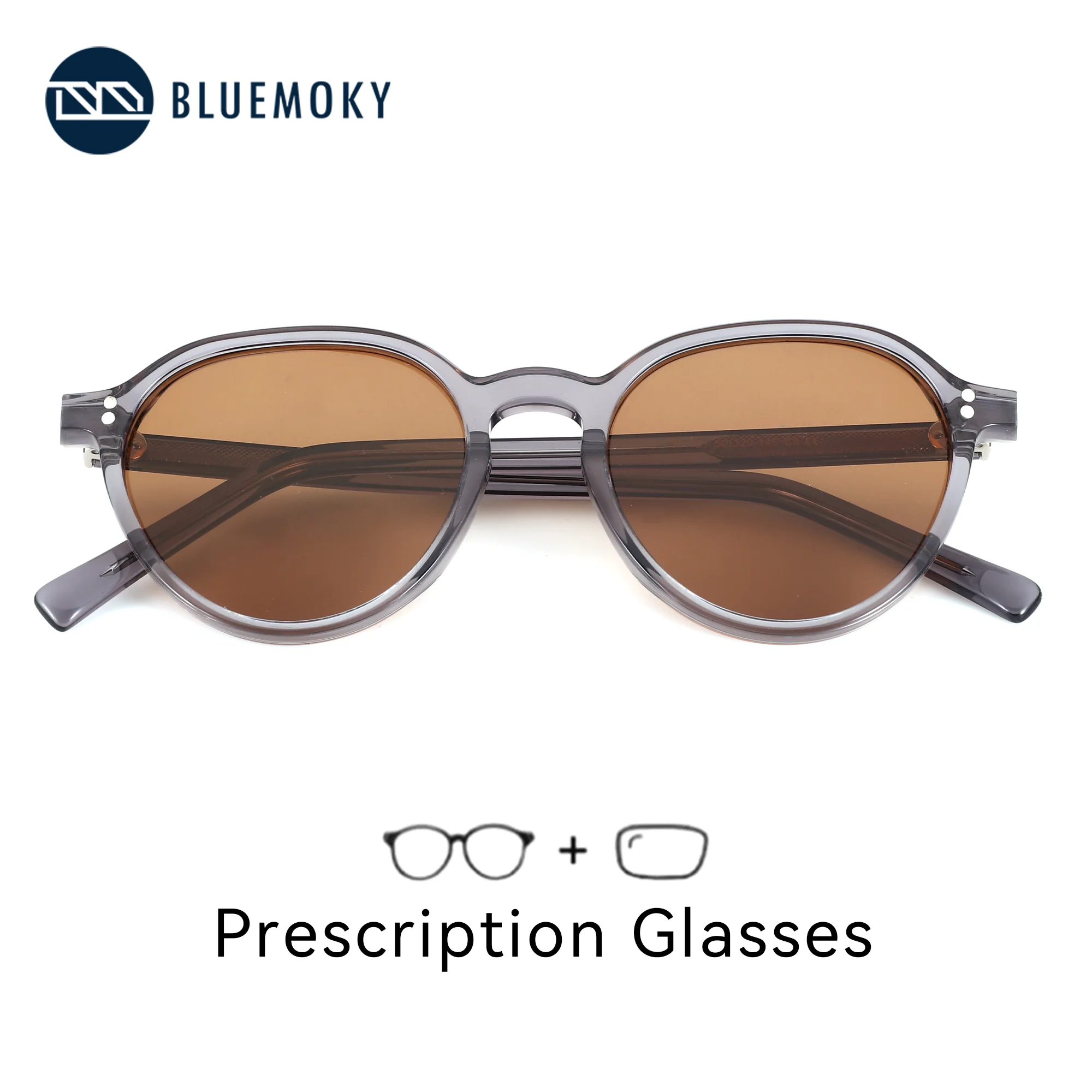 

BLUEMOKY S Size Prescription Sunglasses for Unisex Stylish Round Acetate Sun Glasses Rivet Decor Modish UV400 Shield