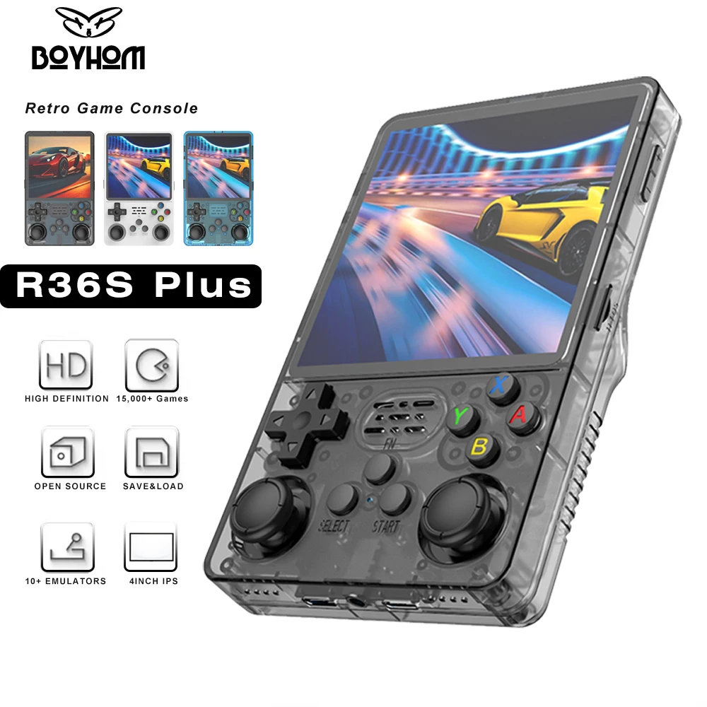 Consola de juegos portátil BOYHOM R36PLUS de pantalla grande, 4,0 pulgadas, más de 10000 juegos, reproductor de vídeo portátil de bolsillo PK R36S, sistema Arkos de regalo para niños