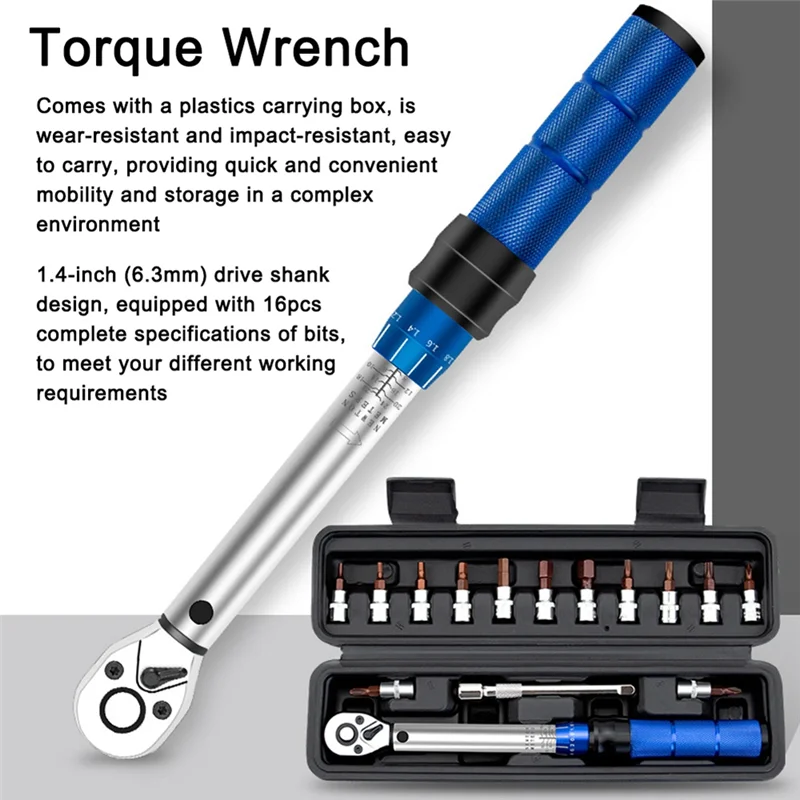 16-Piece Torque Wrench Set Hexagon Bi-Directional Adjustable 1/4 Inch Ratchet Wrench Maintenance Tool