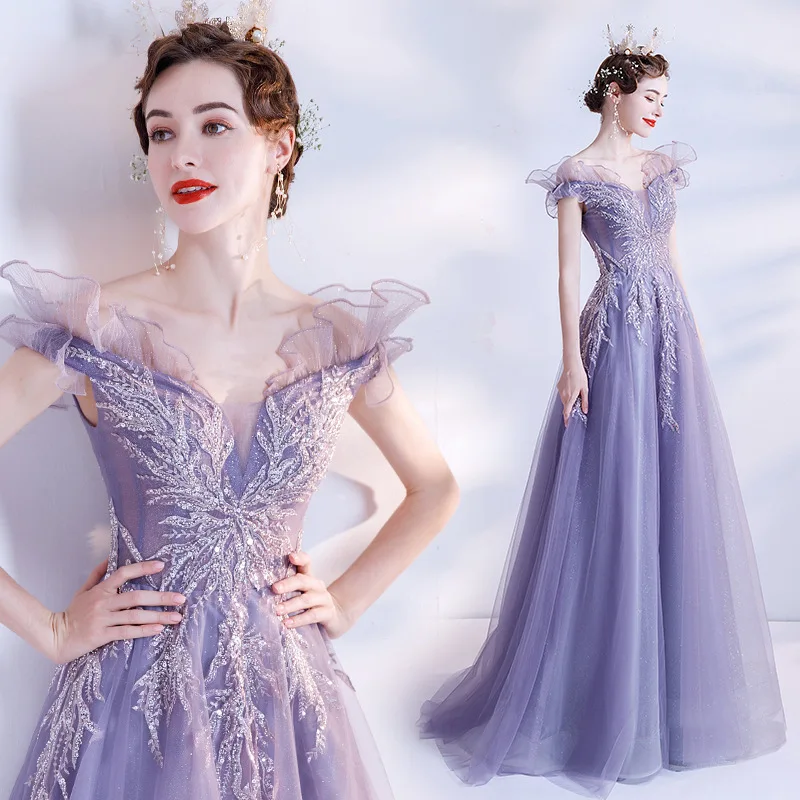 Romantic Bright Purple 2024 New Spring Bridal Wedding Toast Dress Banquet Host Evening Wholesale