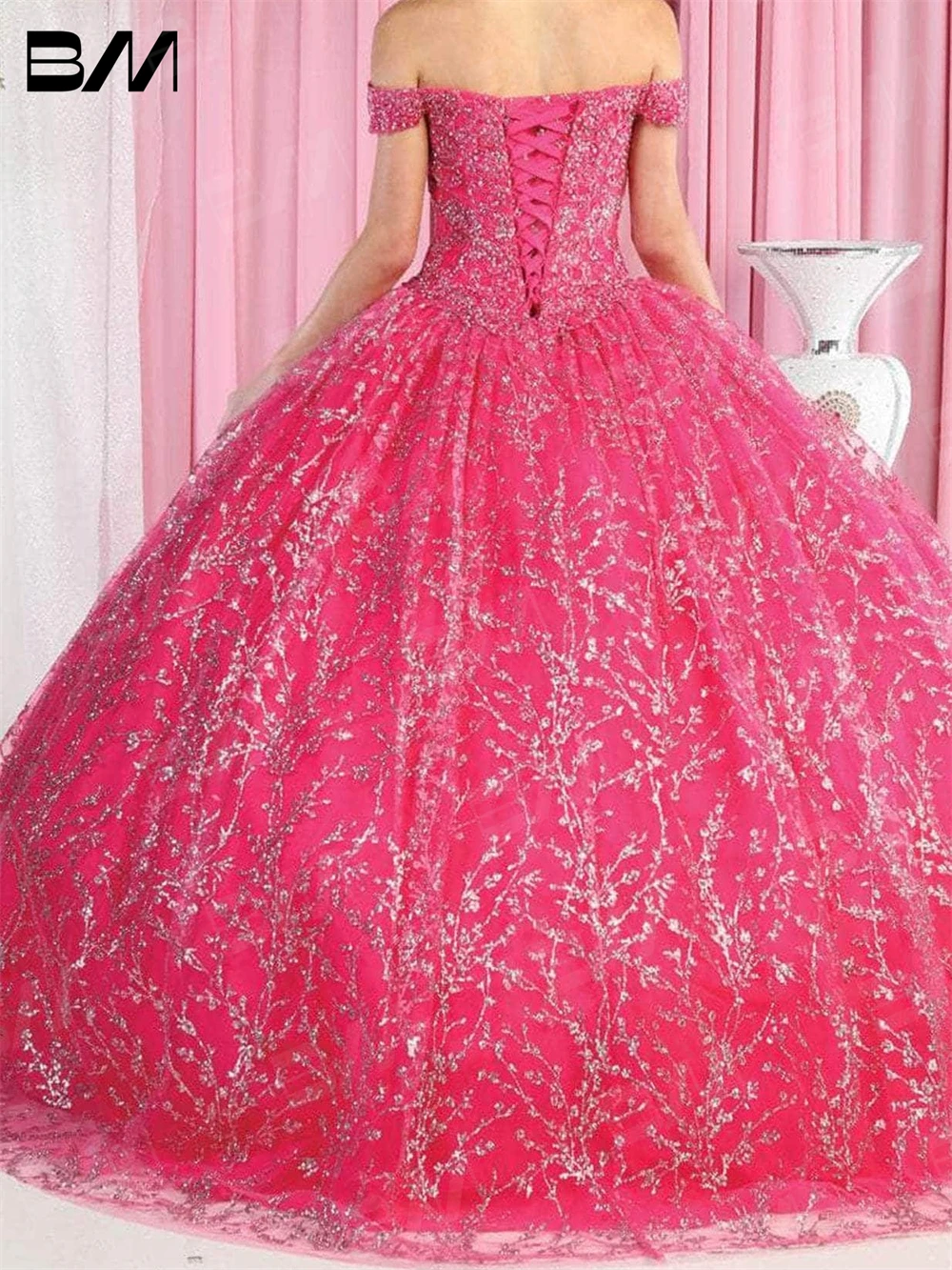 Rosette Glitter Quinceanera Dress 2023 Cocktail Dresses Glitter Print Rhinestones Ball Gown Vestidos Prom 2023