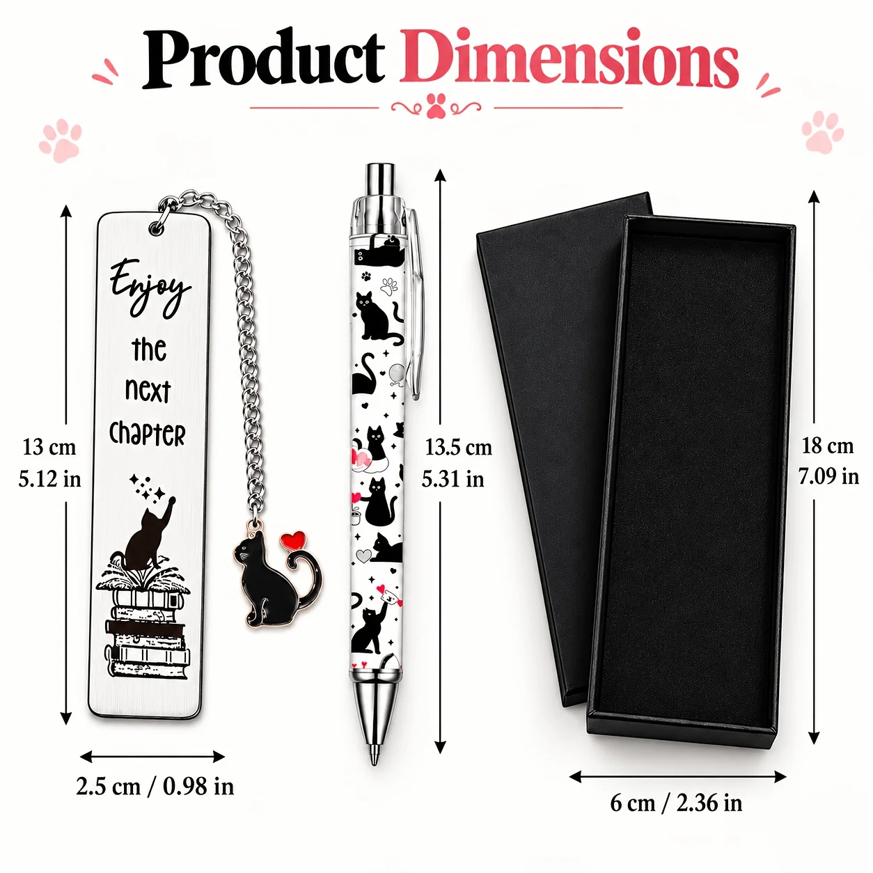 3 Pcs Cat Lover's Ballpoint Pen cat-shaped Heart Charm Bookmark Includes Gift Box Christmas Gift For Book Lovers Readers Student