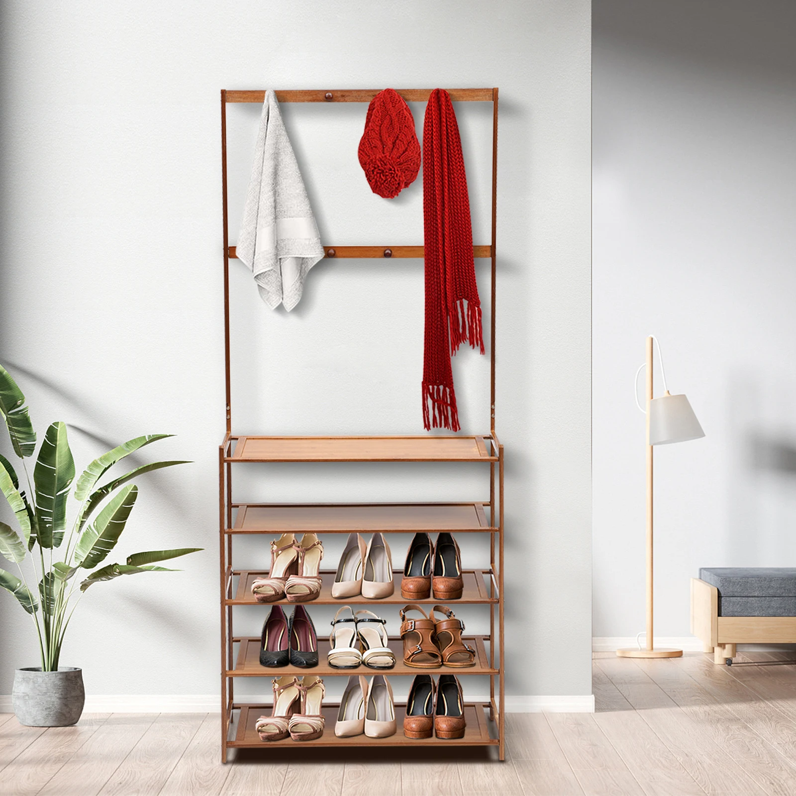 Shoe Rack 4 Tiers Bamboo Coat Rack Shoe Storage Organizer Brown Shoe-Shelf for Entryway Closet Floor