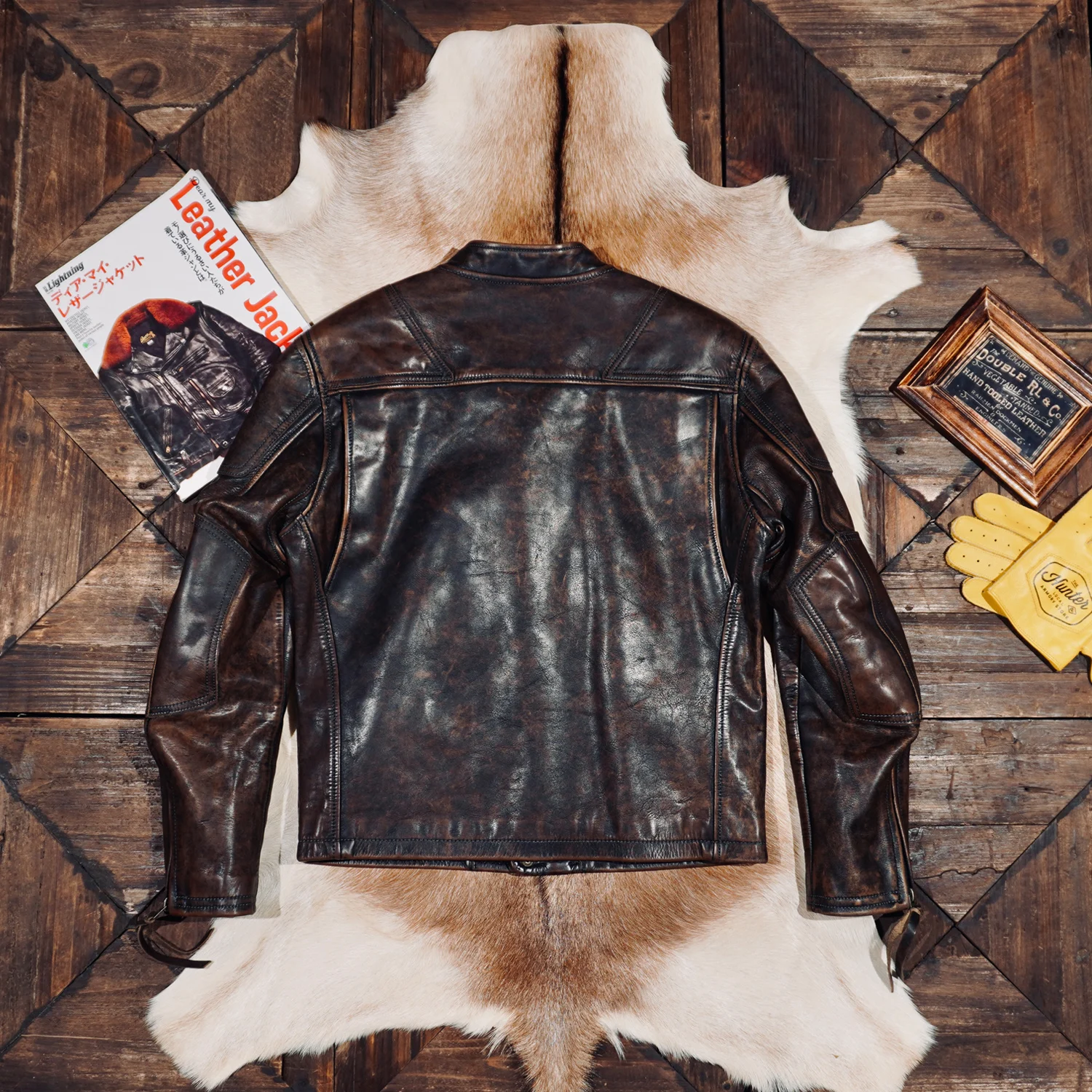 خياط براندو كلاسيكي R * L الحبوب الكاملة الخضار المدبوغة يدويا مخيط جلد البقر الرجال قطري البريدي سترة جلدية للدراجات النارية