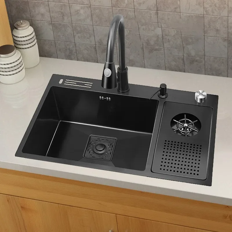 Black Diamond Nano Handmade Large Single Bowl Kitchen Sink Stainless Steel with Faucet Vegetable Basin Set for Modern Home