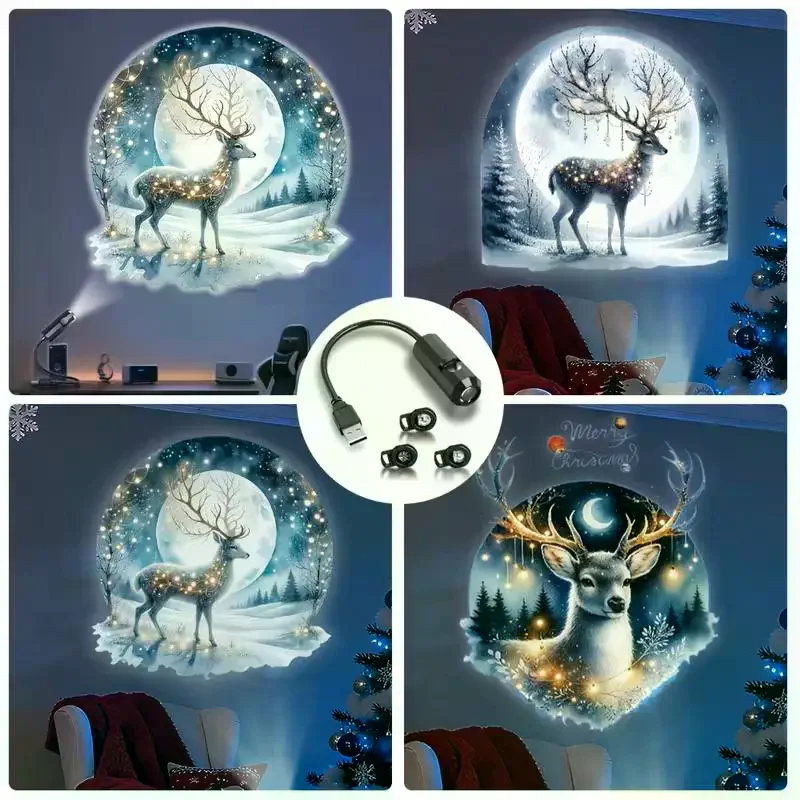 USB Christmas Projector Light 3 Patterns Santa Snowman Reindeer 360° Projection Lamp Indoor Xmas Atmosphere Wall Decor