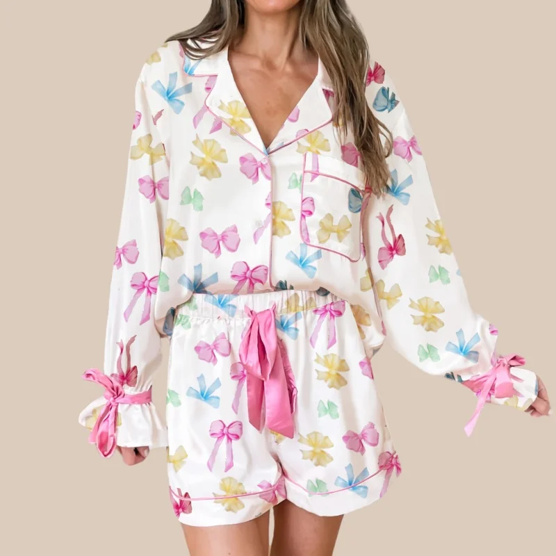 Women's Spring Summer 2 Piece Lounge Set Long Sleeve Lapel Bow Print Button Up Tops Shorts Sleepwear Sets