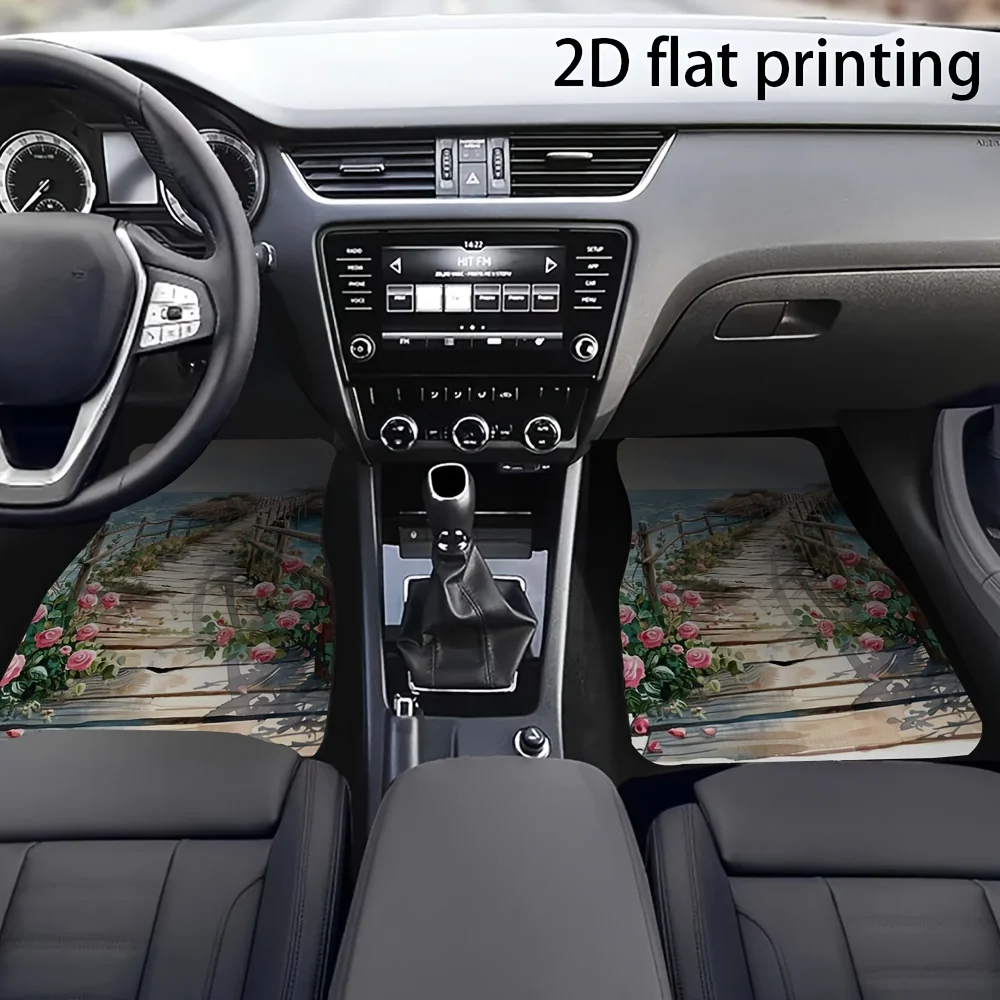 4pcs Car Floor Mats, Watercolor Romantic Wooden Bridge Rose Pattern, Universal Car Mats, Made Of Polyester Fiber, Wear-Resistant