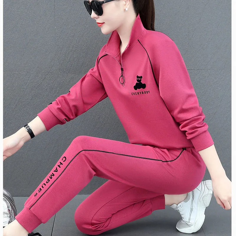 

Spring Autumn Korean Sports And Casual Set Women's Fashion Cartoon Printed Slim Half High Neck Running Suit Two-piece Set