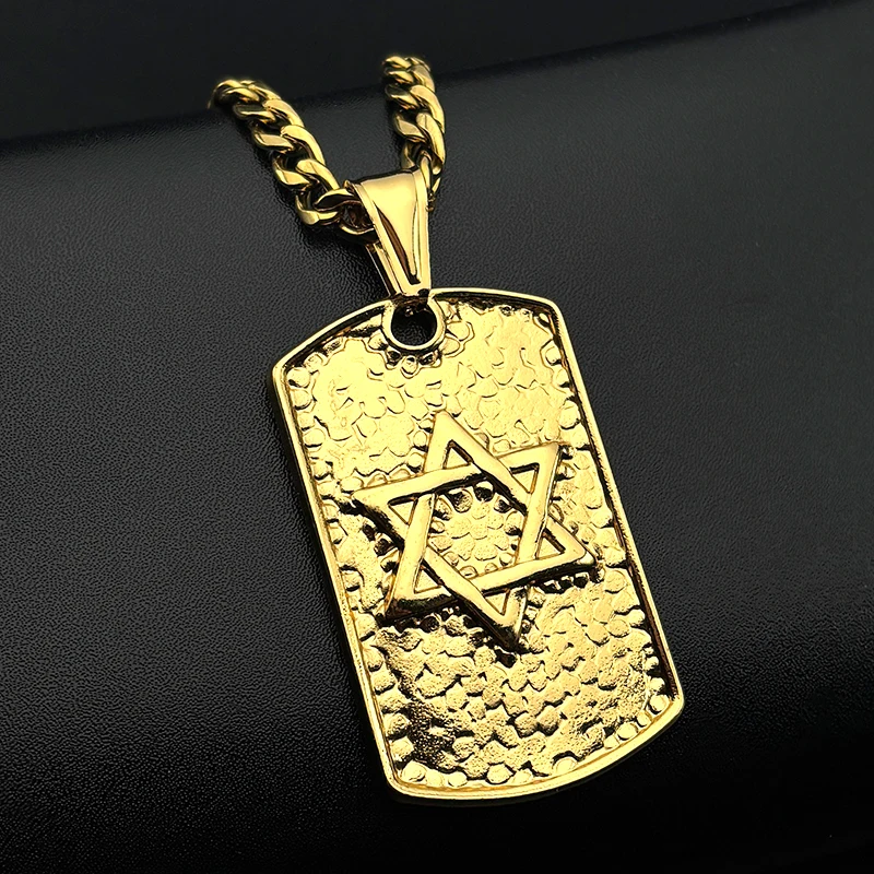 Hebrew Star of David Dog Tag Pendant Necklace for Women Men Stainless Steel Gold Silver Color Jewish Hip Hop Chain Jewelry Gift