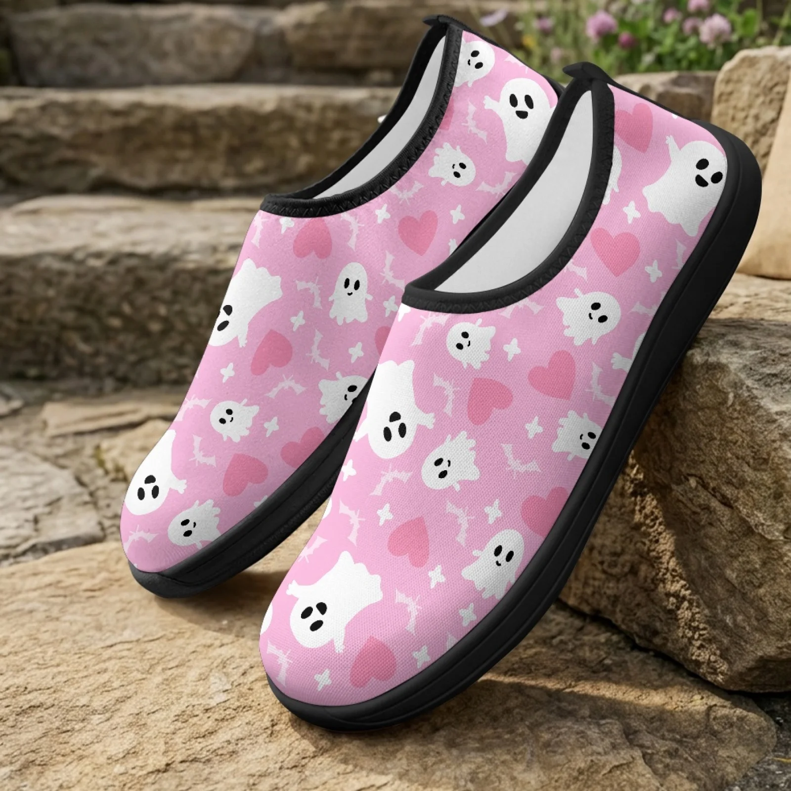 PENSTROLL Heart Ghost Print Fall Fashion Comfortable Barefoot Walking Shoes for Men Polyester & EVA House Shoes Running Sneakers