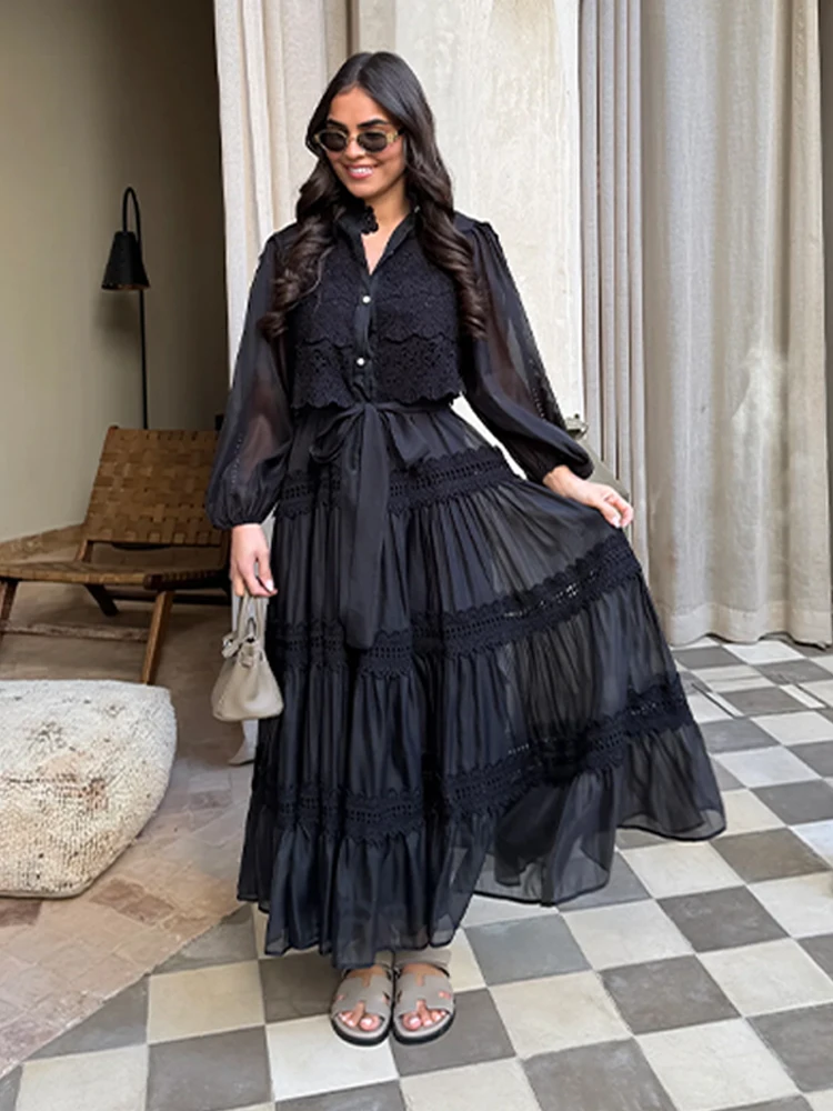 

Elegant Hollow Out Embroidery Long Pleated Dress Women Lantern Sleeve Single Breasted Lace Up Dresses 2025 Summer Lady Robes New