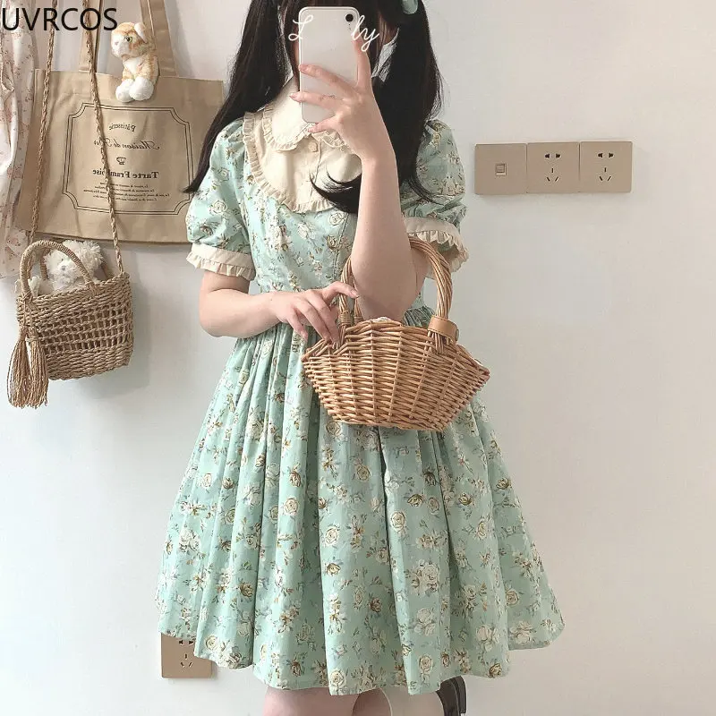 Summer Green Kawaii Mini Dress Women Sweet Ruffles Peter Pan Collar Lolita Dresses Female Flower Print Princess Cute Dress 2023