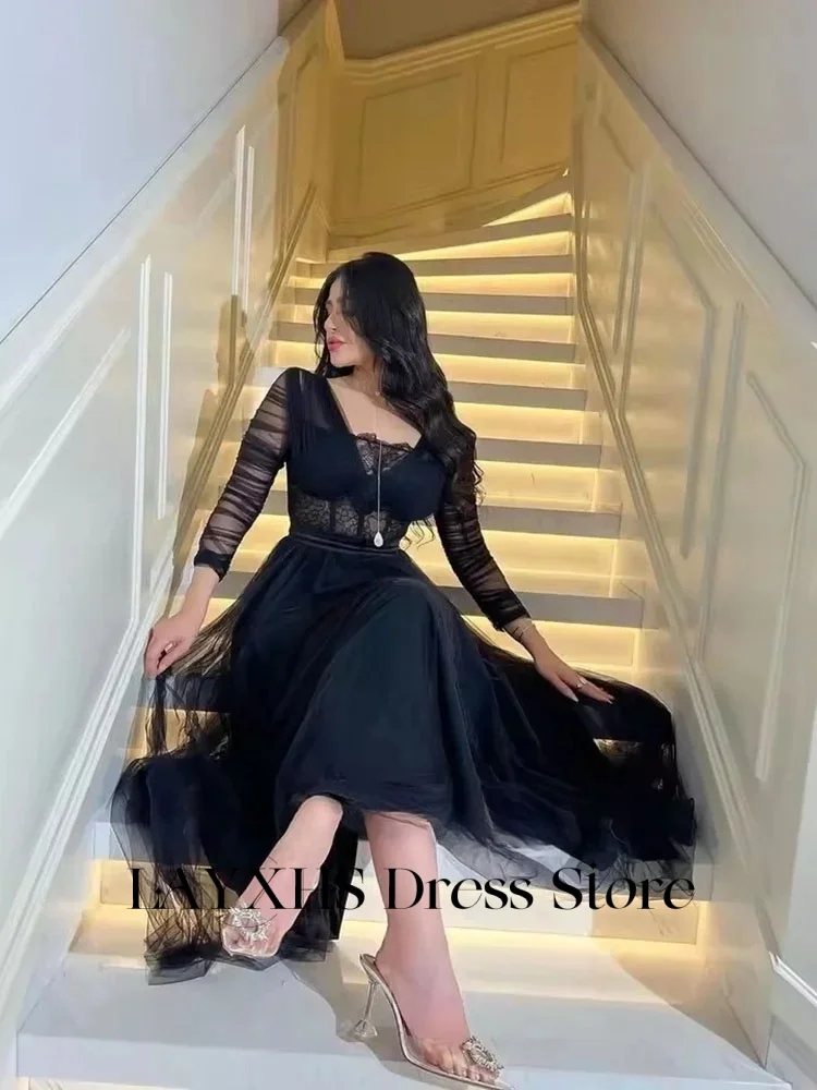 LAYXHS Simple Black V-Neck Evening Dresses Tulle Long Sleeves Lace A-Line Formal Prom Dresses Customized فساتين شارون سعيد