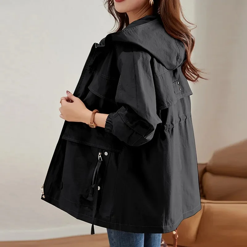 Women Mid Length Version Windbreaker Jacket Ladies Hooded Trench Top Coat 2024 Spring Autumn Female Large Size 4XL Lined Outwear