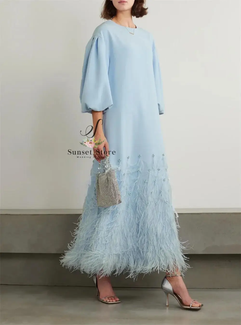 

Customized O-neck Long Sleeves Feathers Prom Dress Elegant Ankle-length Modest A-line vestidos de fiesta 2025