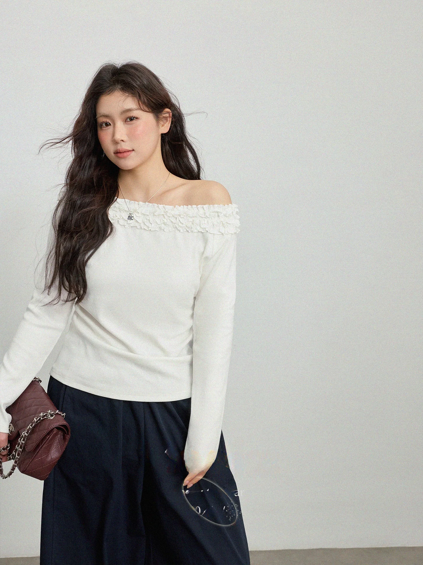 

plus Size Women's Spring Knitted T-Shirt Sleeveless Shoulder Bared 3D Lace Long Sleeve Folded Waist Shoulder Top