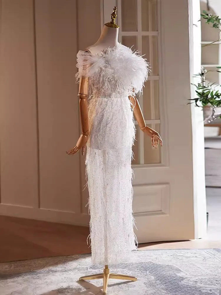 Customized Real Picture White Arabic Women Prom Party Dress Strapless Feather Ankle Length Special Occasion Gown Formal Evening