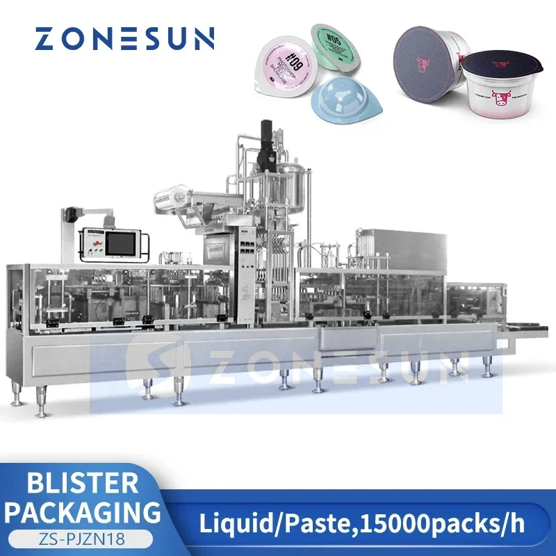 Zonesun-máquina envasadora de vasos de blíster, sellador de llenado de tazas, equipo de paquetes, línea de producción de tazas de yogur, ZS-PJZN18