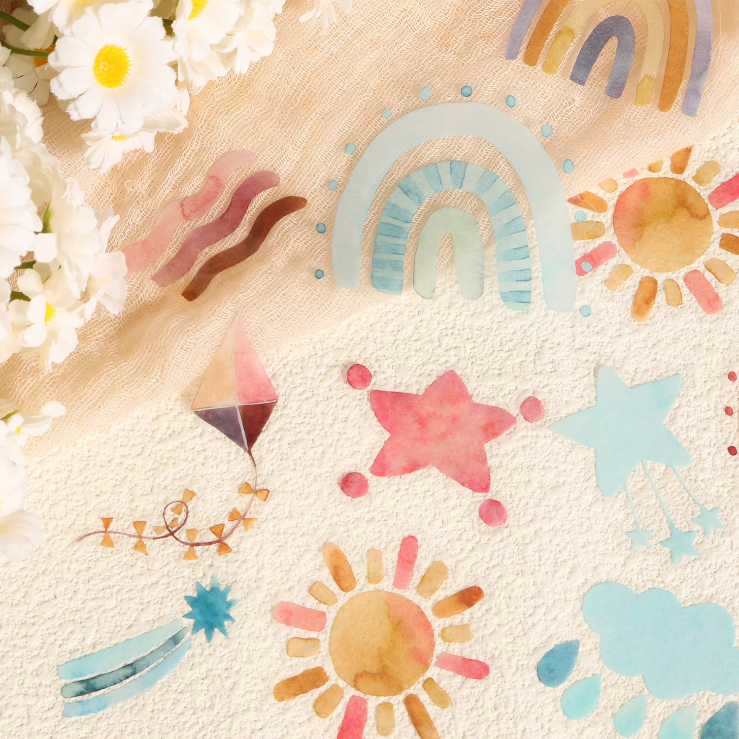56-58 Stück PET Boho Aquarell Regenbogen Transparente Aufkleber, für Wasserflaschen, Laptops, Helme, Regenbogen-Wandkunst, Scrapbooking. – Detail 4