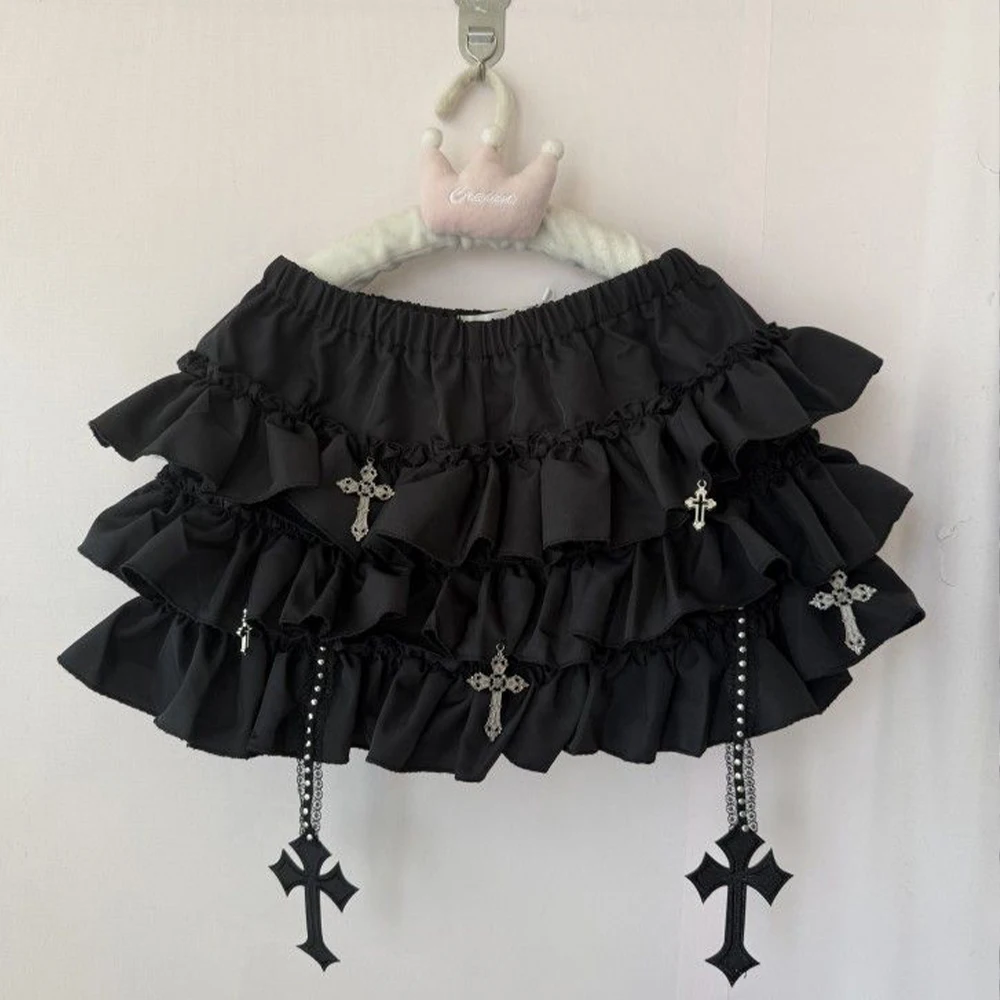 Gothic Y2K Elastic Waist Harajuku Y2K Mini Skirt Women's Spicy Girl Chic Ruffle Subcultural Skirt Design Retro Cake Skirt Lolita