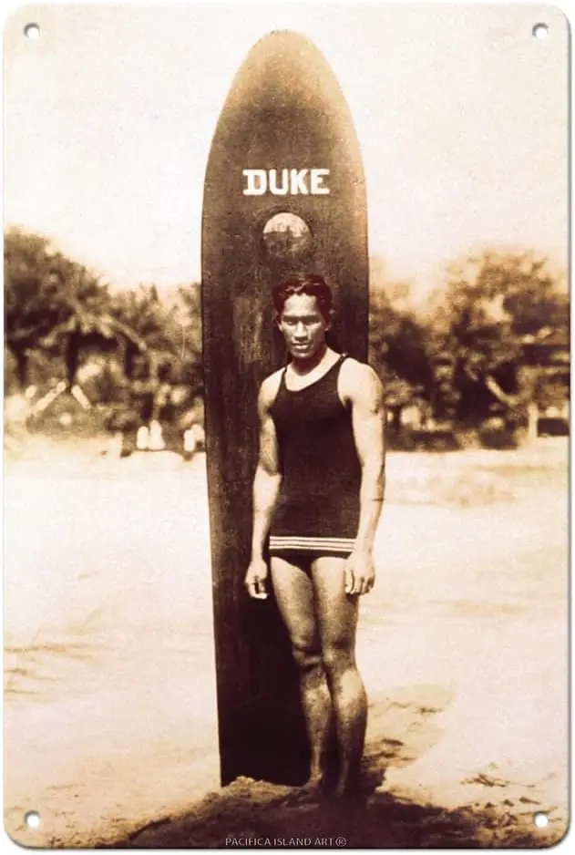 Kahanamoku - Hawaiian Surfer and Gold Medalist Metal Sign | Vintage B&W Historical Photograph, c.1915, metal sign, unframed,