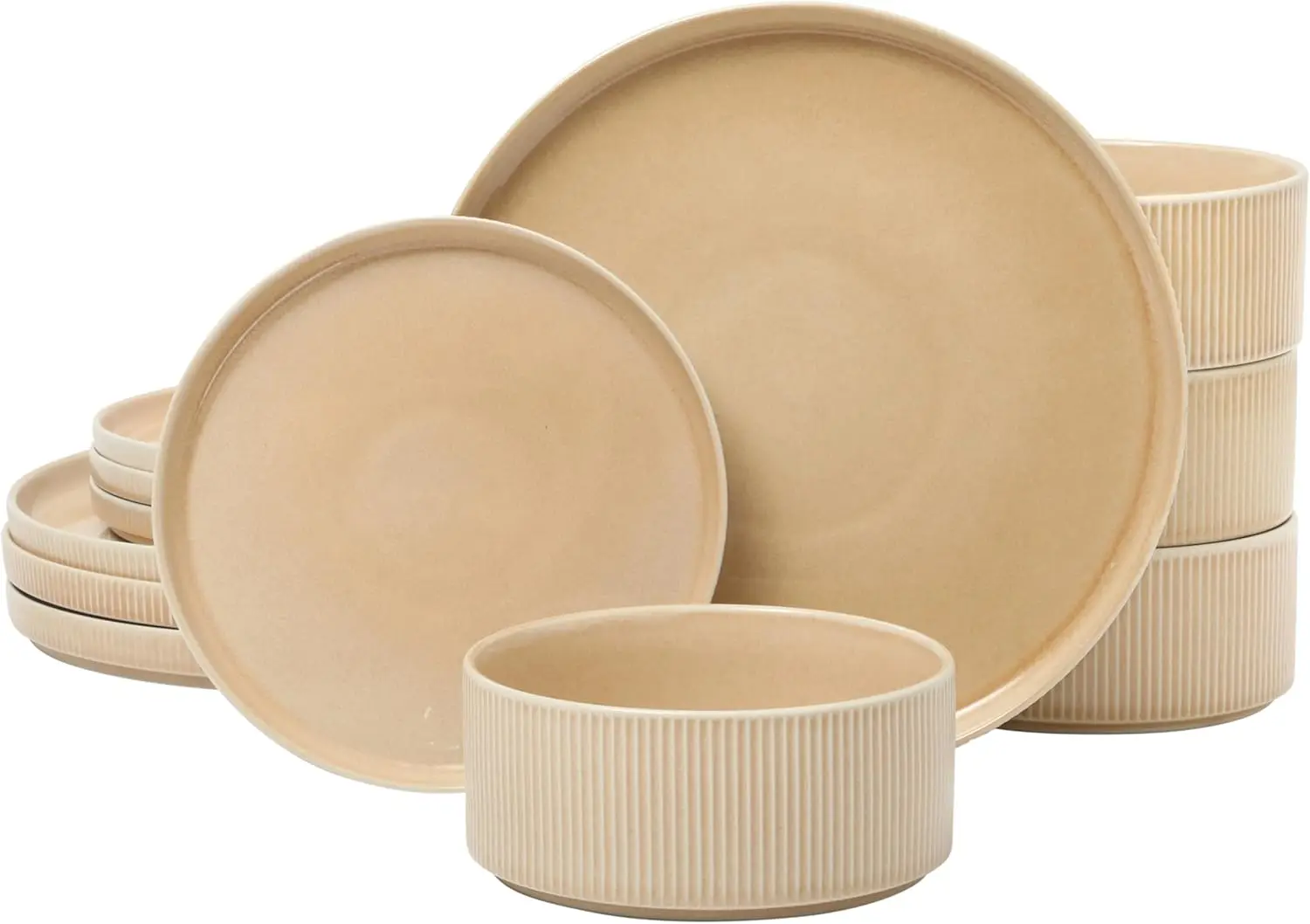 

Solana Coast 12 Piece Stoneware Reactive Glaze (Service for 4) Ceramic Plates and Bowls Modern Shape Embossed Dinnerware Set - T