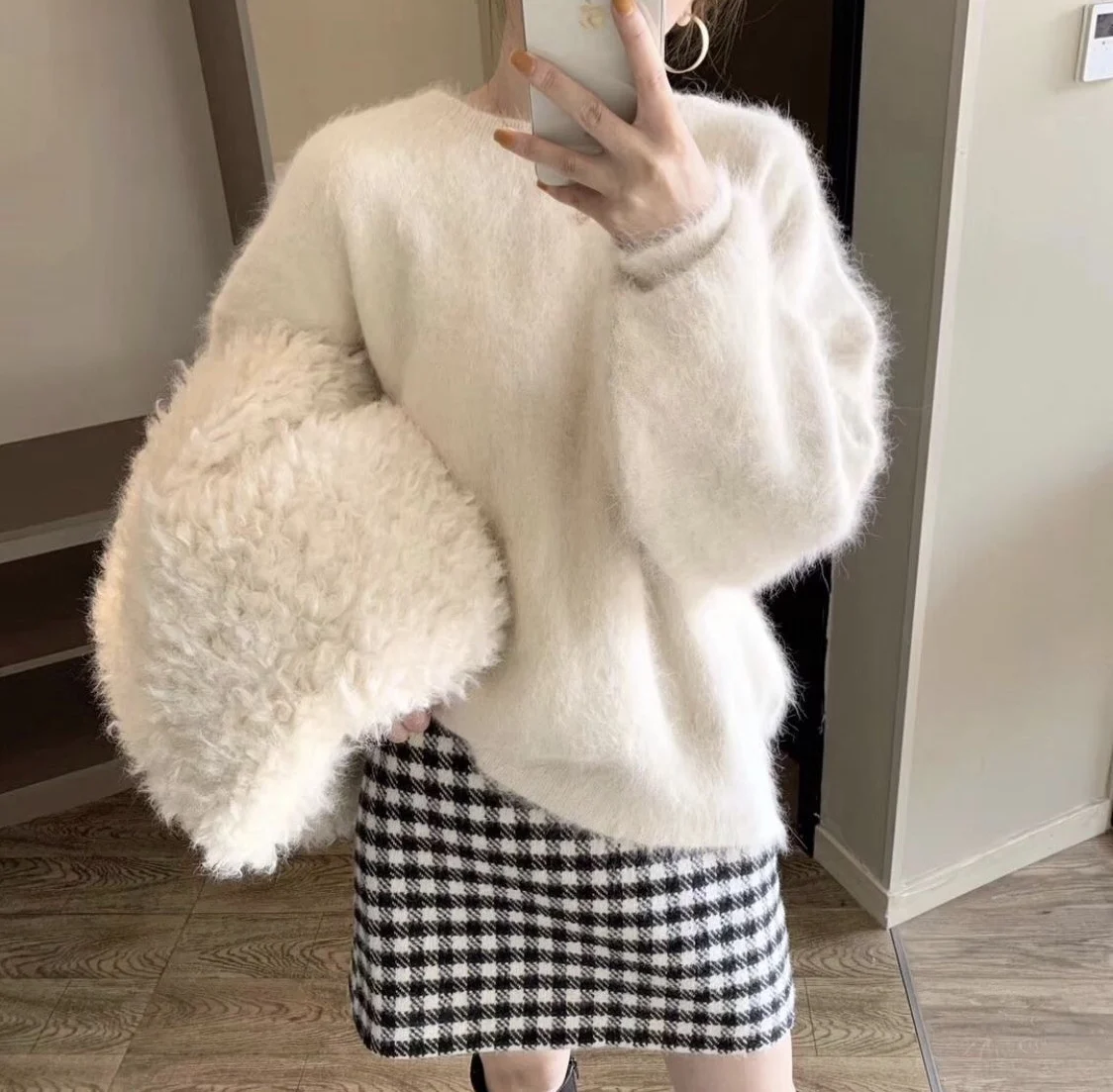 Oversiz Fashion Autumn Winter Pink Mohair Knitted Sweater For Women O Neck Long Sleeve Mink Cashmere Thick Soft Loose Pullovers