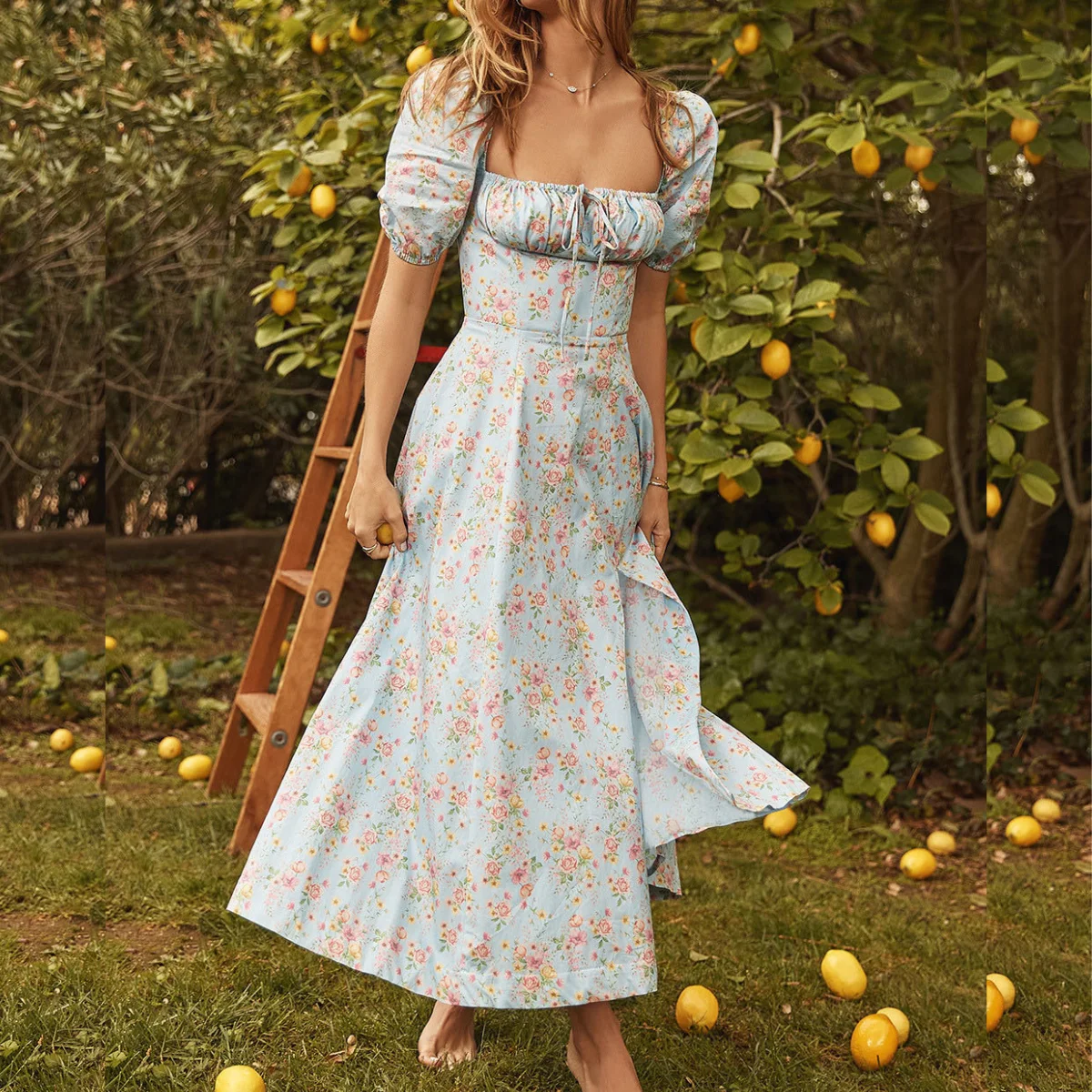 

Fashion Puff Sleeve Slit Zipper Long Dress Floral Split Maxi Dresses Women Flowy A Line Summer Beach Long Dress Waist Slim Skirt
