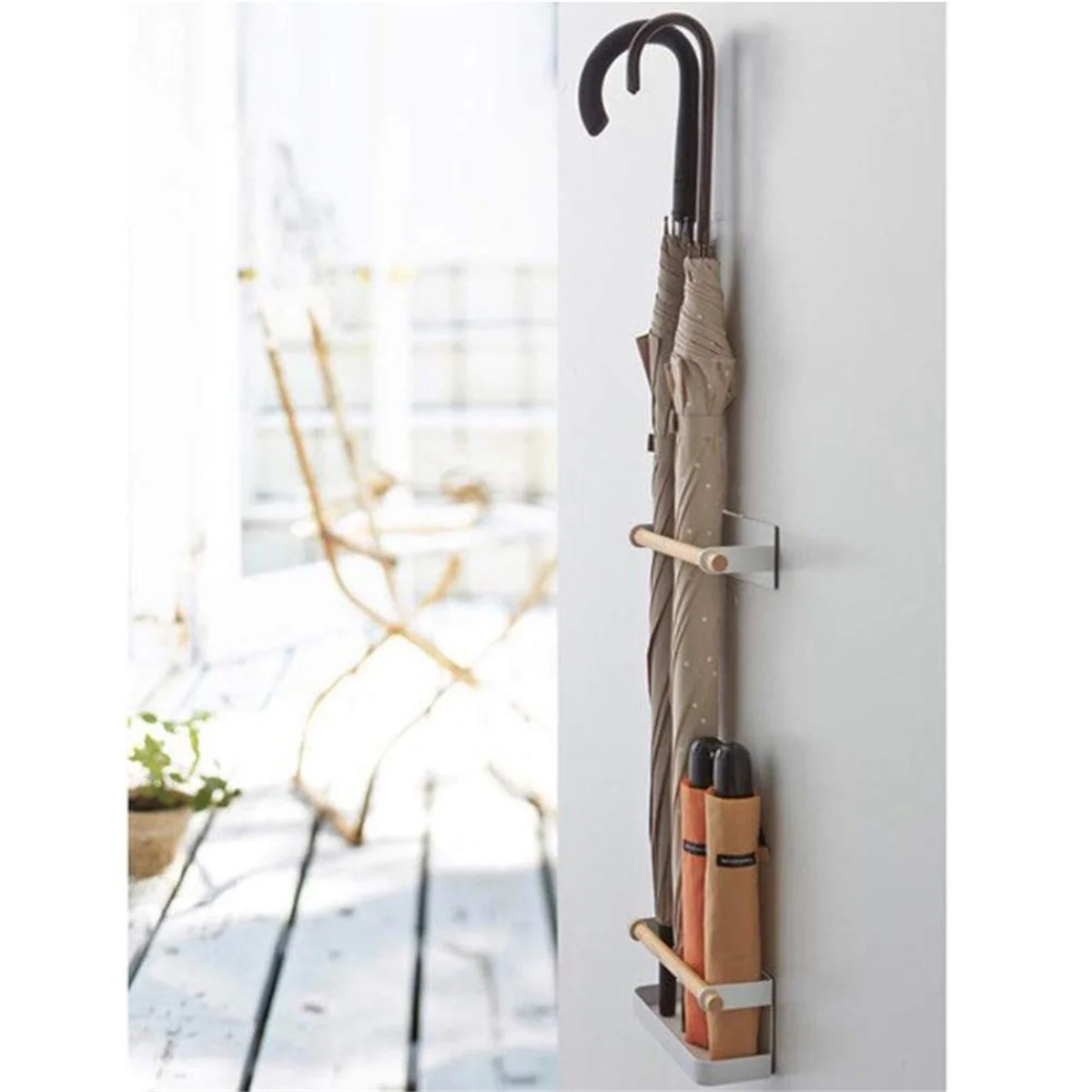 A14E Wall Umbrella Holder, Indoor Umbrella Rack Metal and Wood Japanese Umbrella Storage Shelf for Home-White