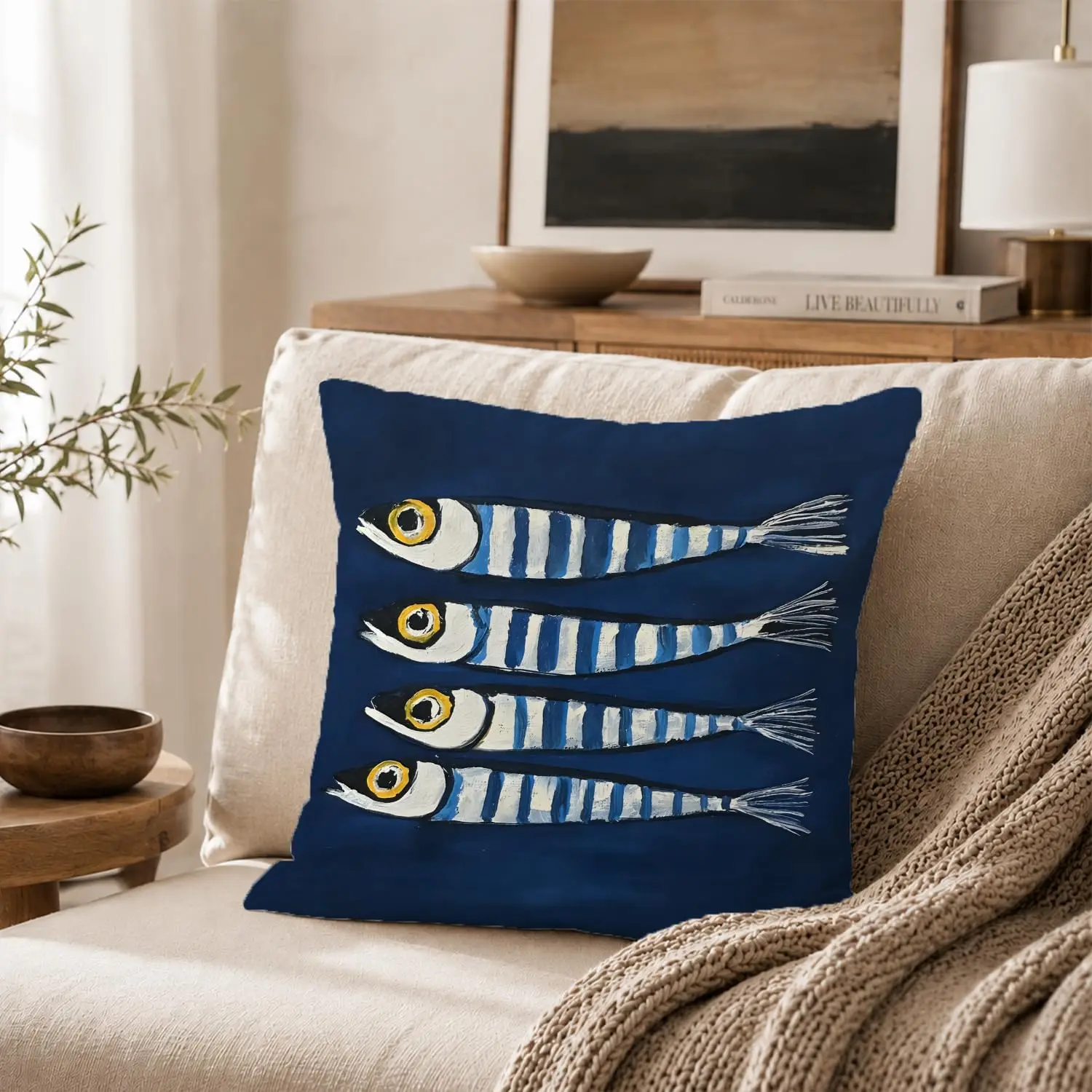Nautical Striped Fish Throw Pillow Cover Navy Blue Ocean Beach Decorative Cushions for Sofa Couch Living Room Seascape Decor Gif