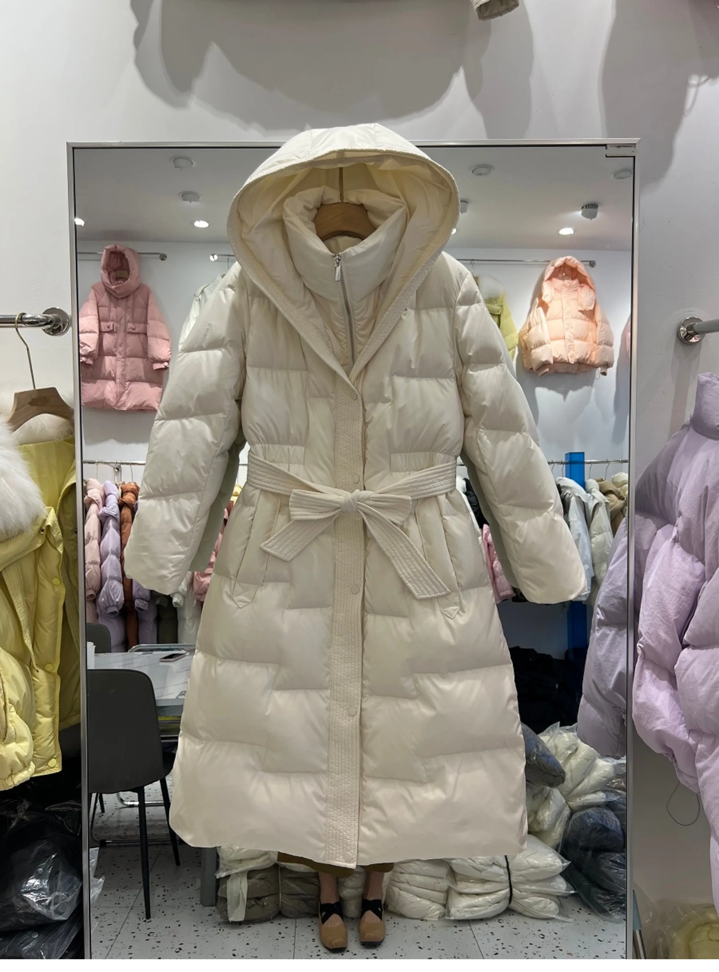 

FTLZZ Winter Women White Duck Down Coat Thick Warm Solid Coat Casual Lady Hooded Zipper Long Outwear with Belt