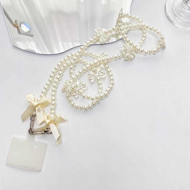 Universal New Bead Long Hanging Rope Mobile Phone Case Strap Pearl Bow Ribbon Diagonal Chain With Card Anti-lost Long Rope