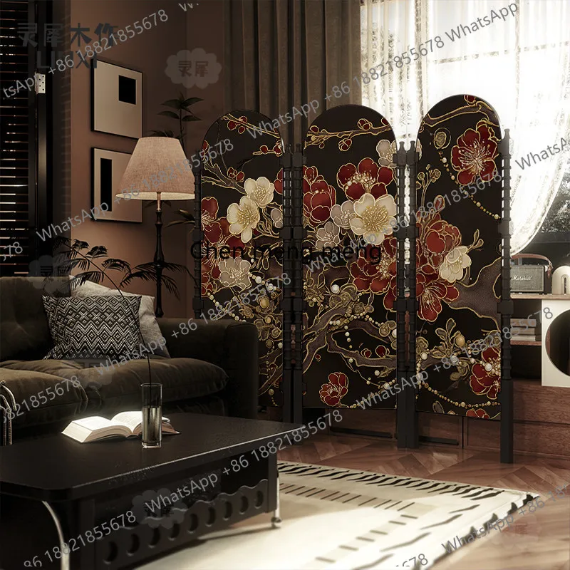 Solid wood Chinese flower bedroom living room partition screen tea room office foldable mobile blocking folding screen