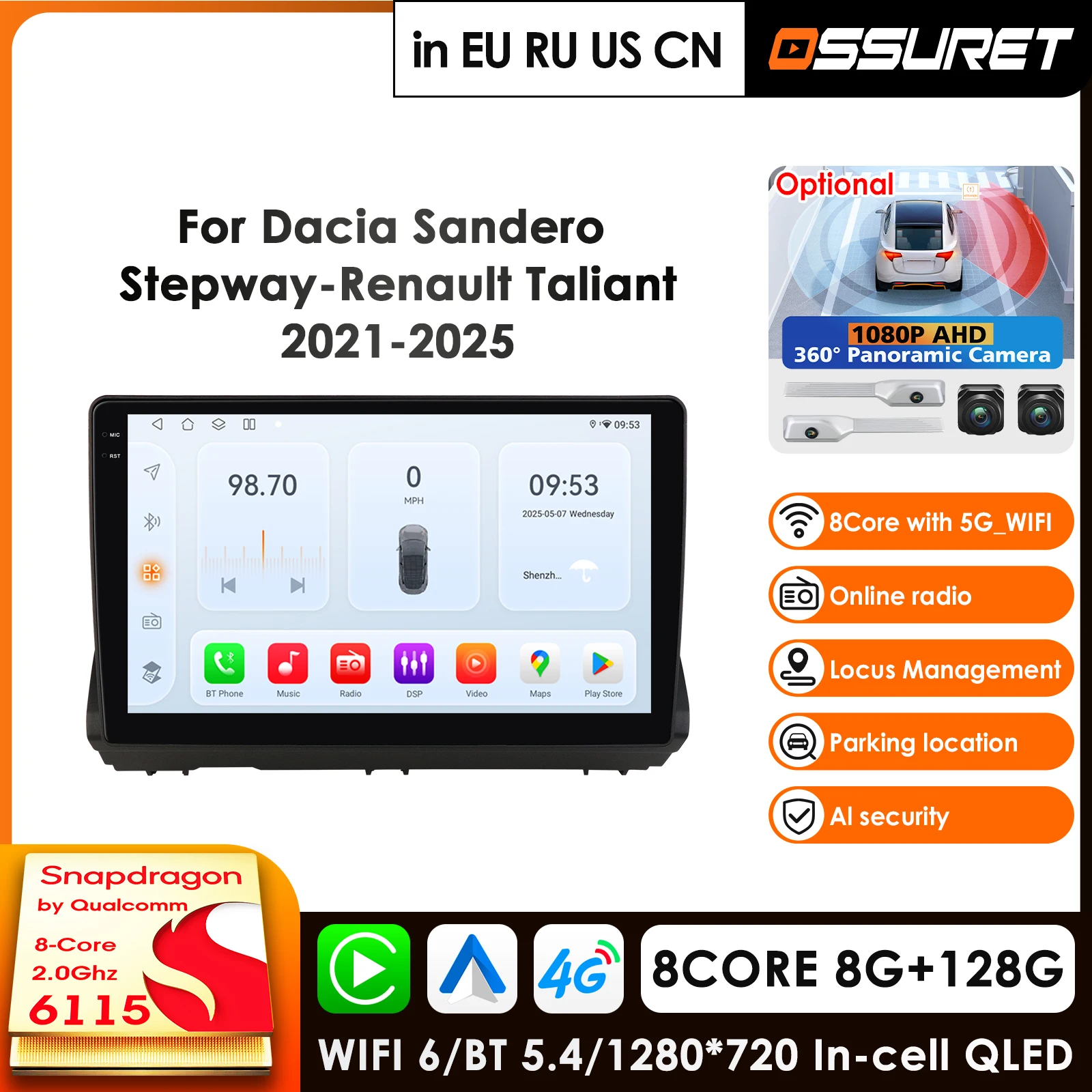 OSSURET 10.1 Inch Carplay 4G 2Din Android 14 Car Radio for Dacia Sandreo Stepway Renault Taliant 2021-2025 Snapdragon 6115 Audio