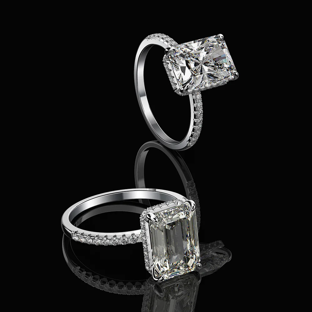 New Hot Selling 925 Silver 4ct High Carbon Diamond 8 * 11 Rectangular Emerald Cutting Ring for Women's Simple Wedding Jewelry