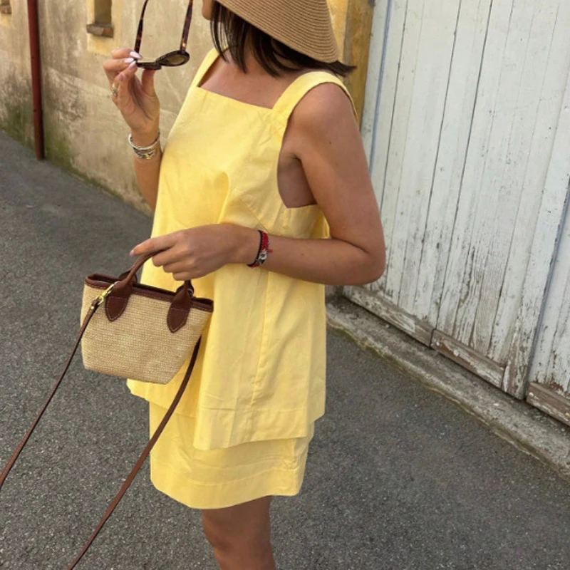 

Women Fashion Sleeveless Solid 2Pc Set Sexy Bow Backless Hollow Skirt Outfits Elegant Square Collar Sling Top & Mini Skirt Suit