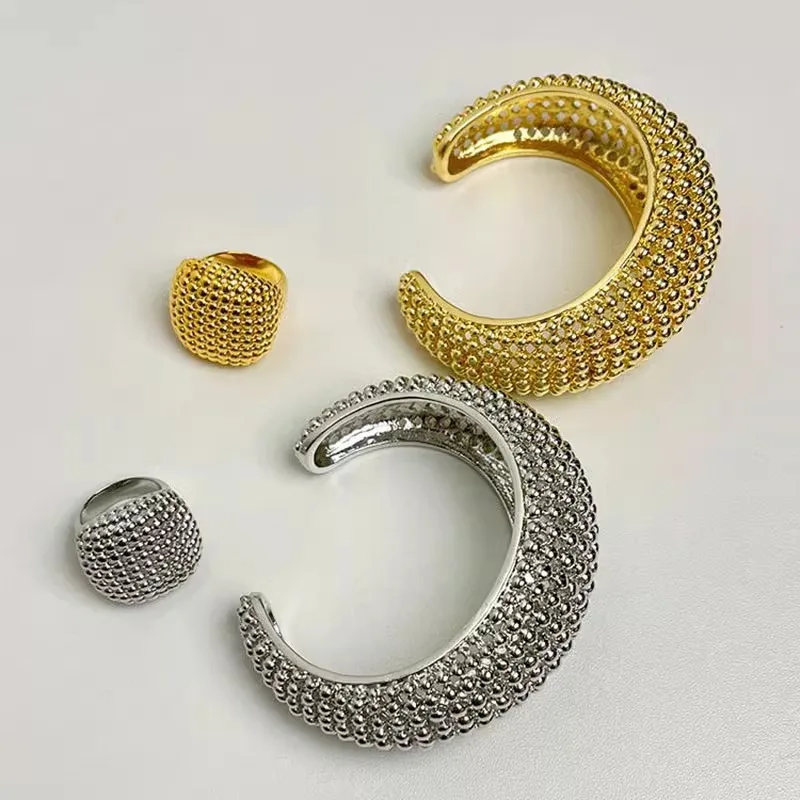 Luxury Bead Texture Open Cuff Bangle Ring Set Minimalist Stackable Jewelry Set for Women Unique Chic Party Accessory
