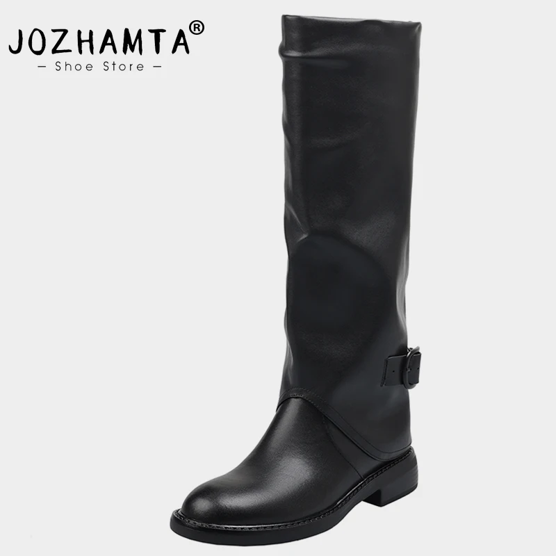 JOZHAMTA Size 34-39 Motorcycle Boots For Women Knee High Boots Wide Calf Real Leather Thick Heels Shoes Winter 2025 Riding Boots