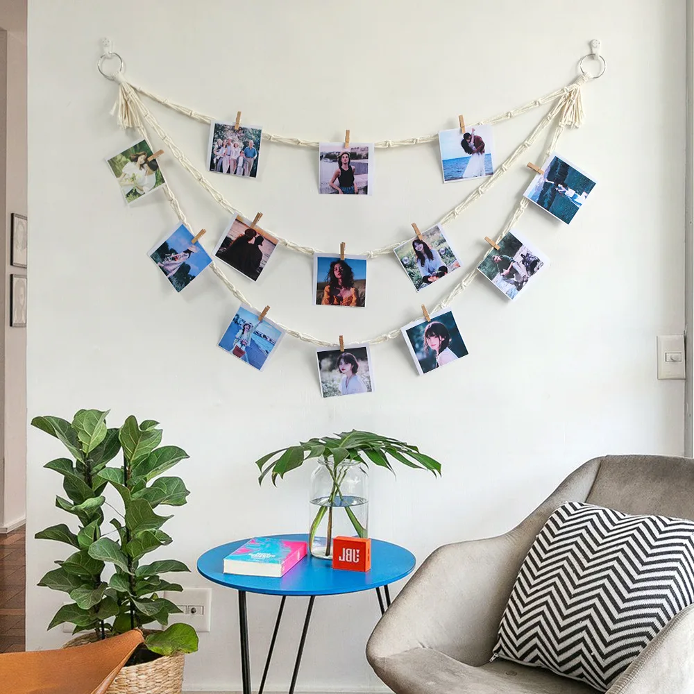 Macrame Hanging Photo Display Wall Decor Boho Wooden Beads Garland Picture Frame Holder with 30 Clips Bedroom Living Room Gifts