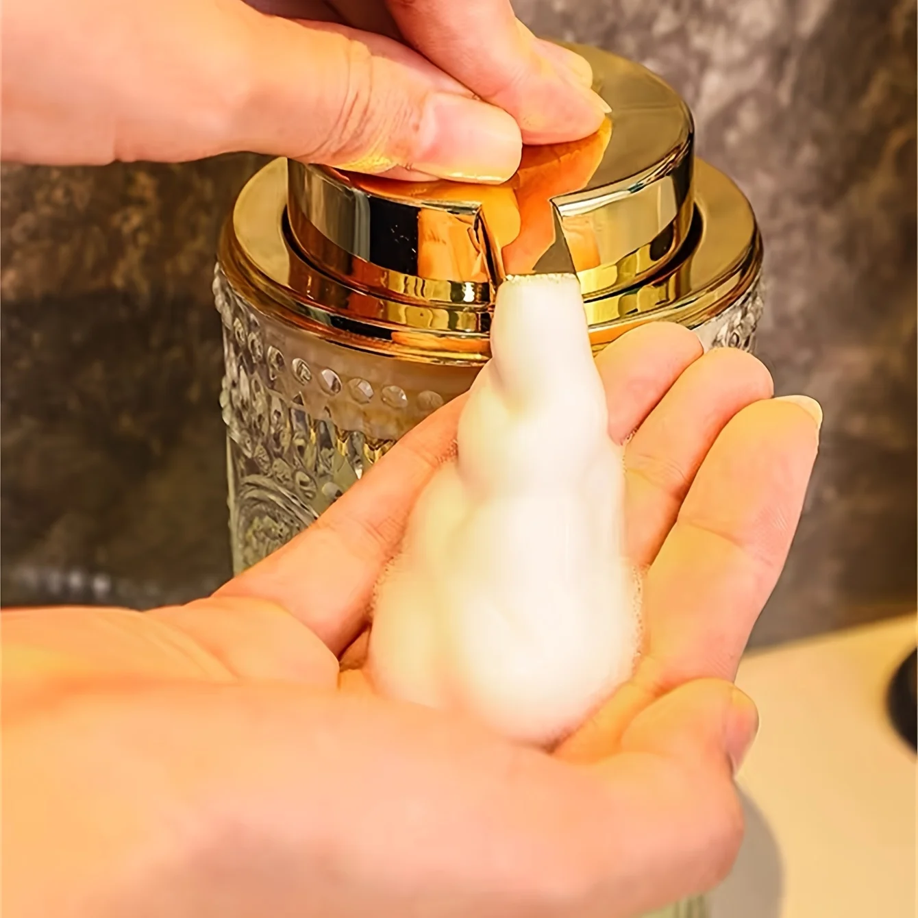 1pc Embossed Glass Foam Soap Dispenser With Rustic Golden Pump Refillable Foam Hand Soap Containers For Bathroom Kitchen Decor