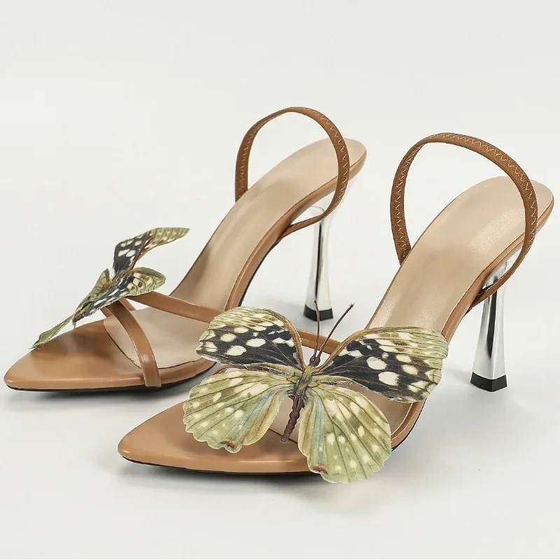 

Элегантные босоножки на высоком каблуке с украшением в виде бабочки, женские летние новые модные брендовые дизайнерские модельные туфли на мелком узком ремешке