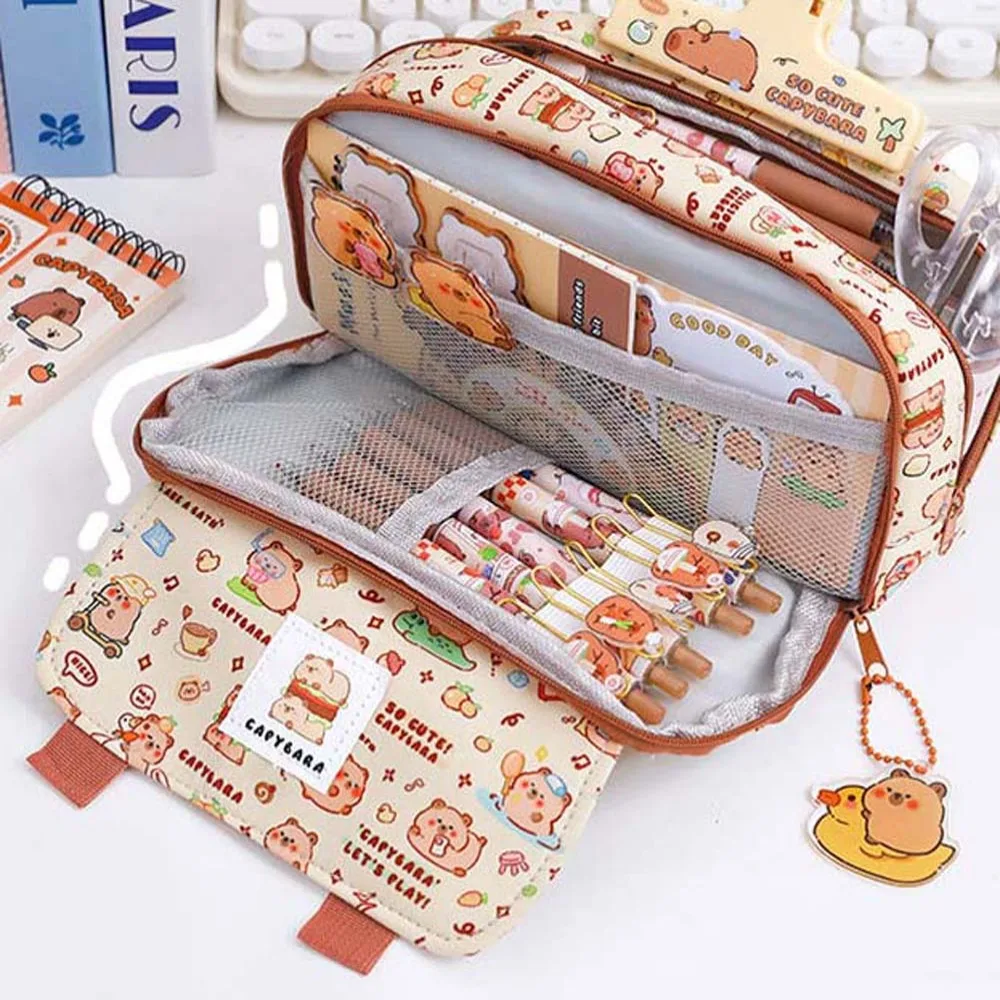 Multi Layer Capybara Canvas Pen Bag Capibala Storage Bag Capybara Pencil Case Cartoon Animals Capibara Plush Pencil Pouch