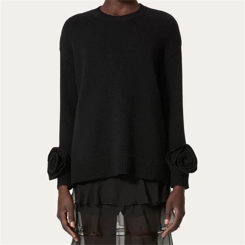 

Women's sweater 2024 autumn New 3D floral Women's long sleeve top Elastic knit slim fit round neck pullover 100% wool knitwear