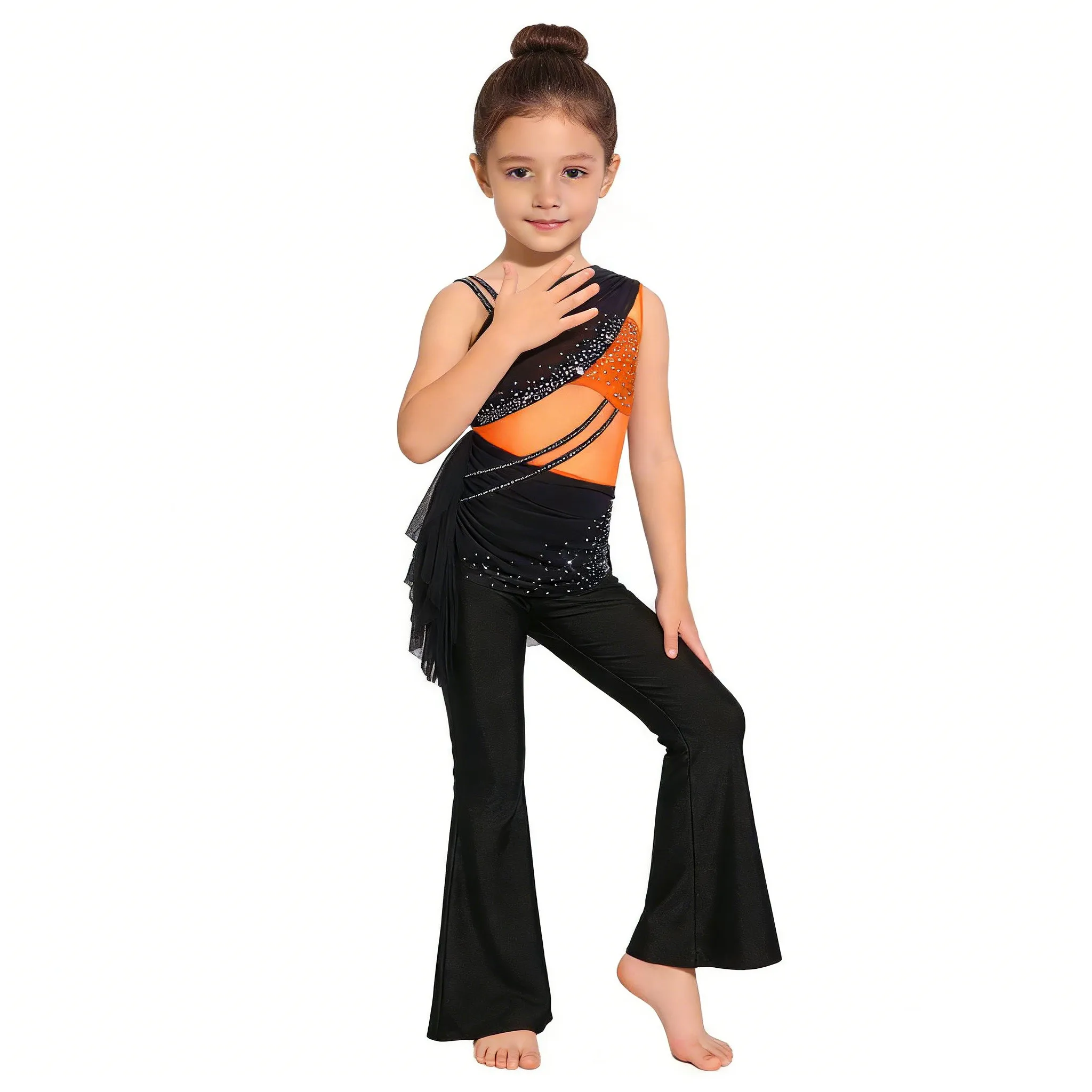 Kids Girls Latin Lyrical Dance Jumpsuit Figure Skating Gymnastics Acrobatics Jazz Costume Shiny Rhinestones Mesh Flared Bodysuit