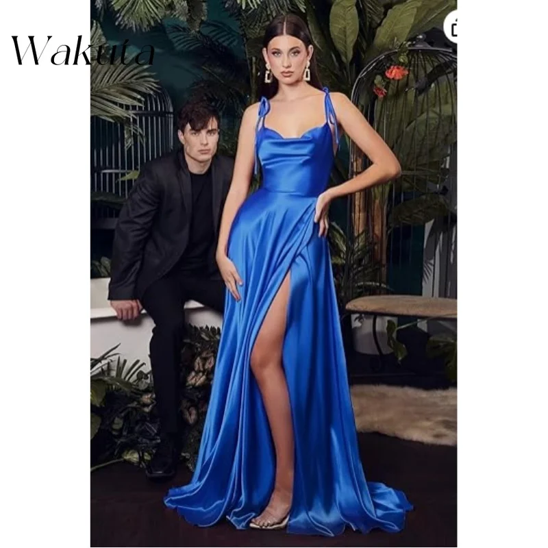 

Wakuta Elegant Spaghetti Straps Satin Prom Dress Floor Length Formal Evening Gowns with Side Slit Graduation Ceremony Vestidos