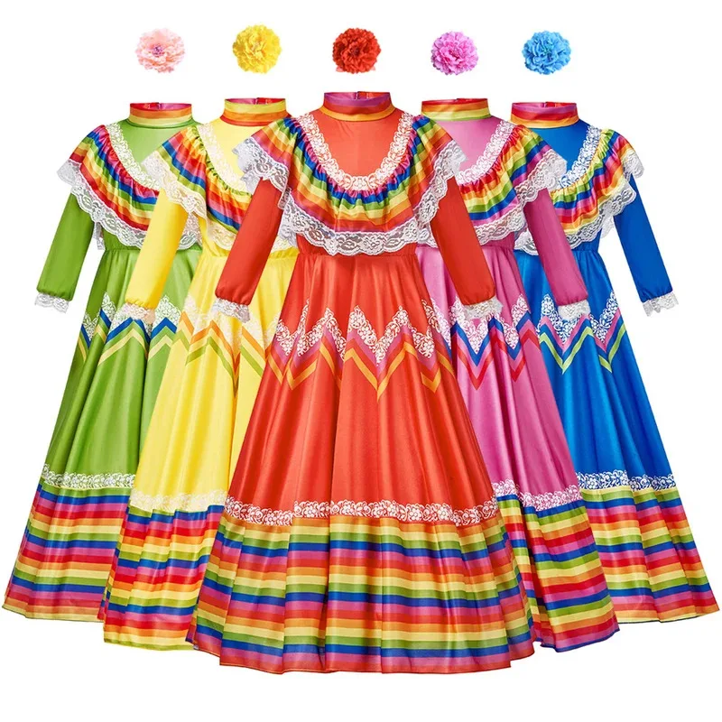 ❤ Niñas Jalisco tradicional Guadalajara disfraz de bailarina folclórica mexicana disfraces de Carnaval de Halloween para niños 5 colores disponibles ★ ❤ ★